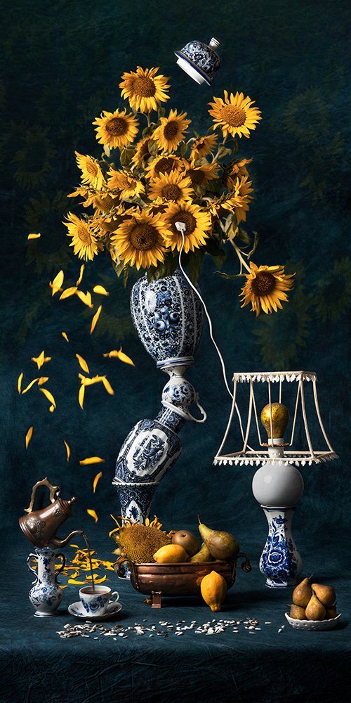 Stillife with sunflowers and pear