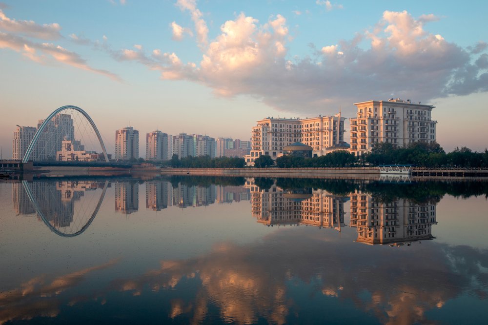 Сalm air over Ishim river. Nur-Sultan, Kazakhstan