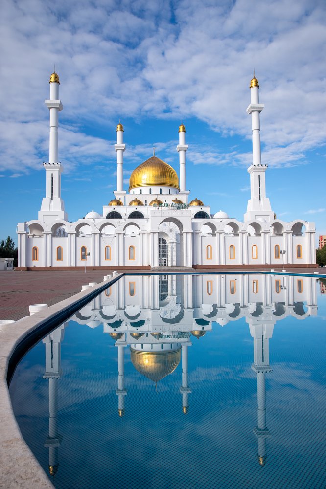 The Nur-Astana Mosque at sunrise in Nur-Sultan, the capital of Kazakhstan.