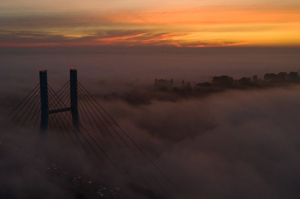 Siekierkowski Bridge in the morning fog