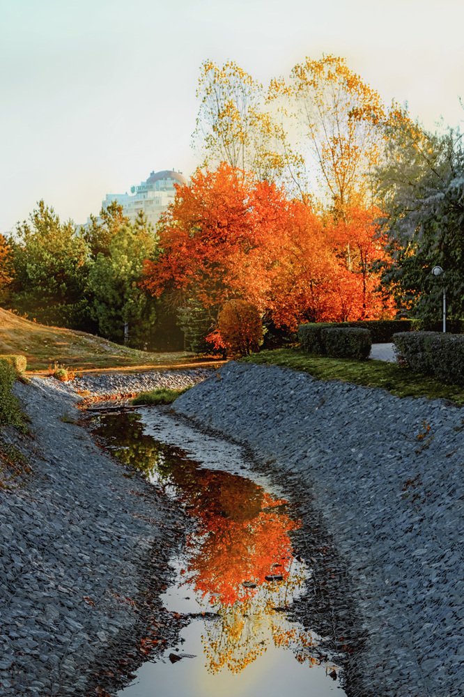 Яркая осень в зеркале реки.