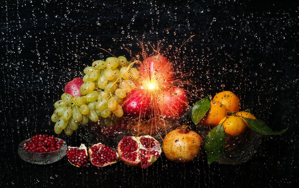 Still life with Bengali fire and water drops