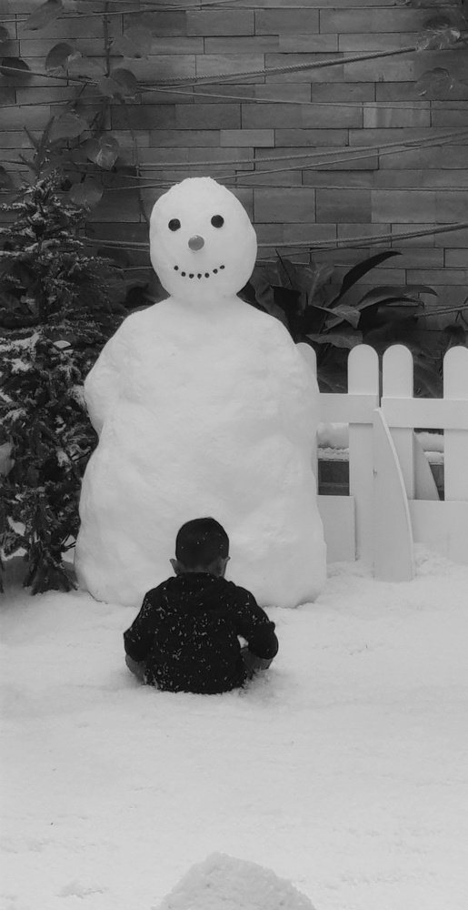 Playing with the snowman,only friend.