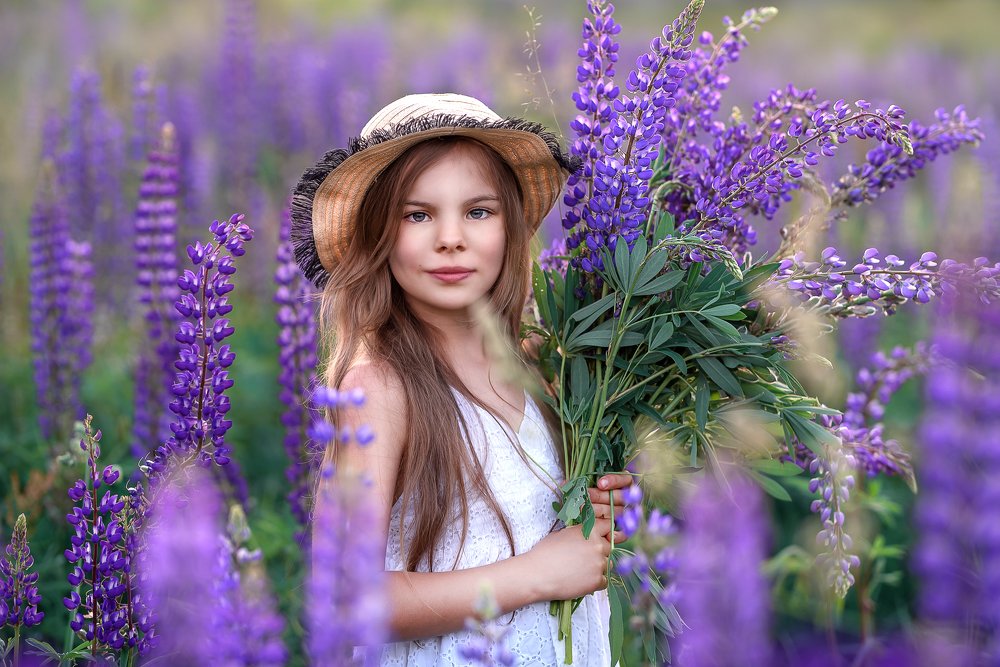 Girl in the field of lupine