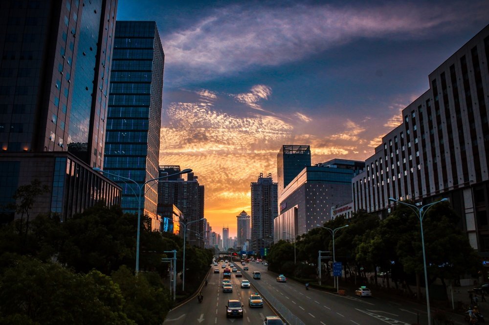 Sunset behind the city