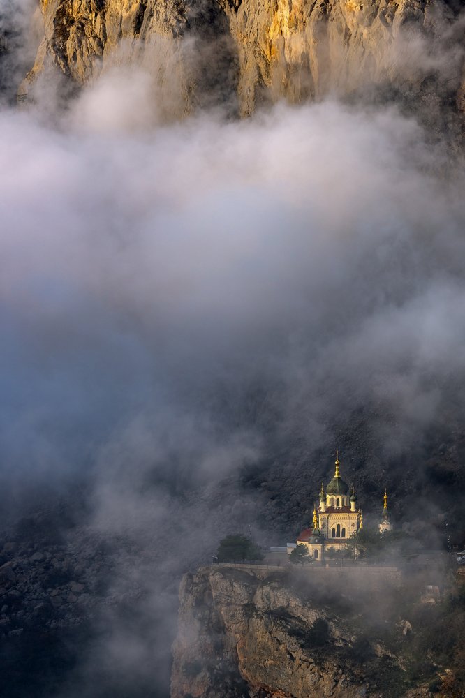 Foros Temple in low dawn clouds