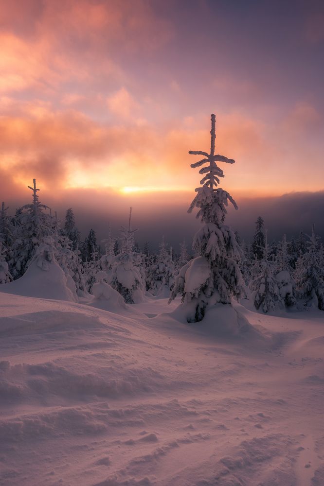 Winter sunset in the mountains