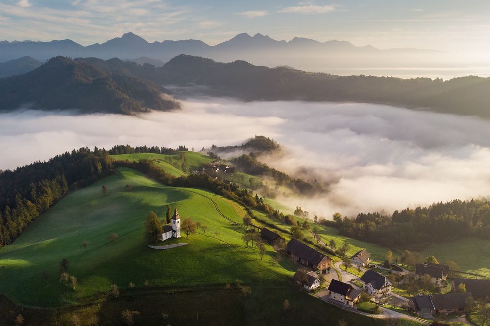 Autumn sunrise above the Slovenian hills