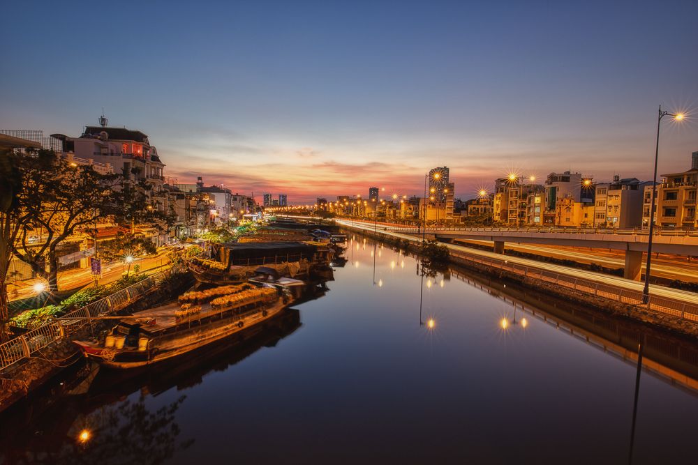 Sunset at Binh Dong port in Ho Chi Minh city , Vietnam