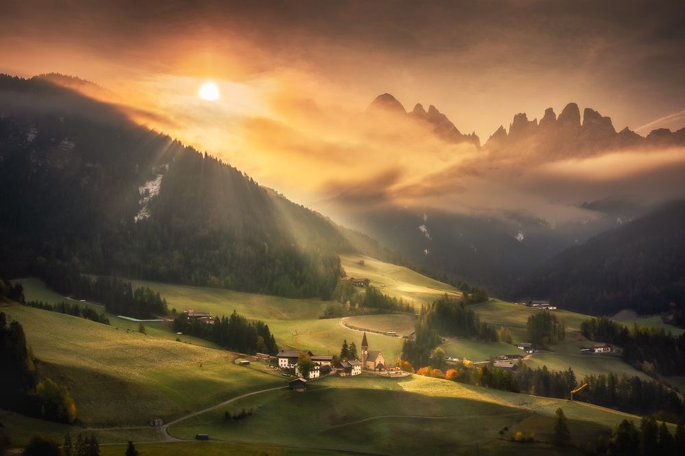 Misty morning in Dolomites