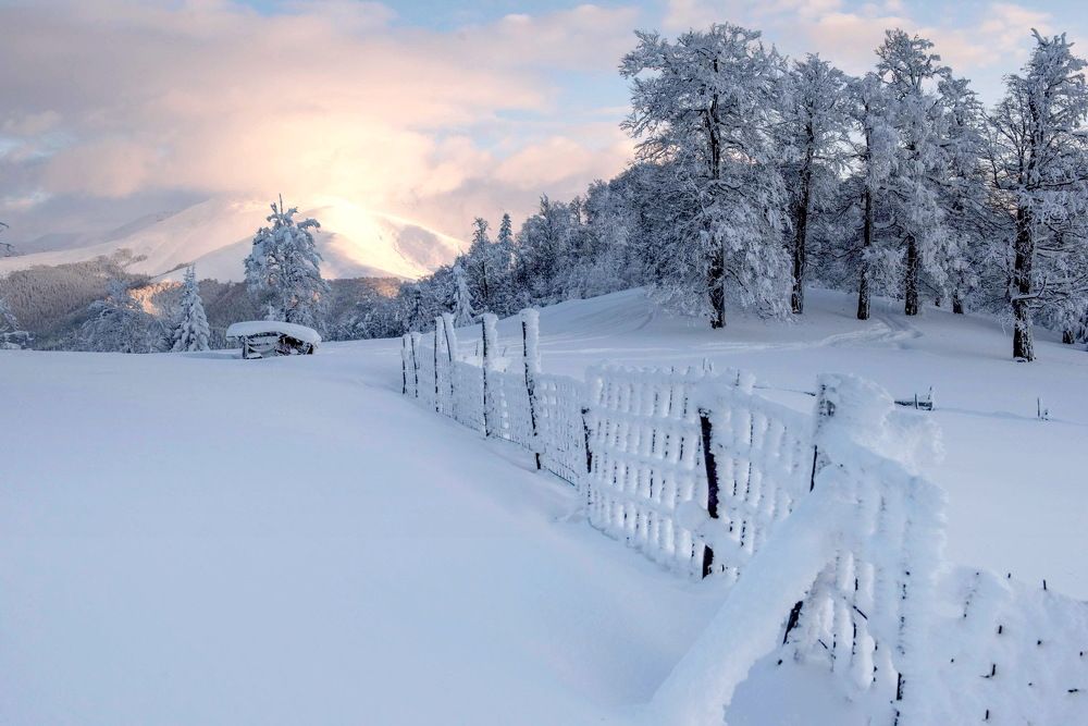 The top of the mountain in the sunset.