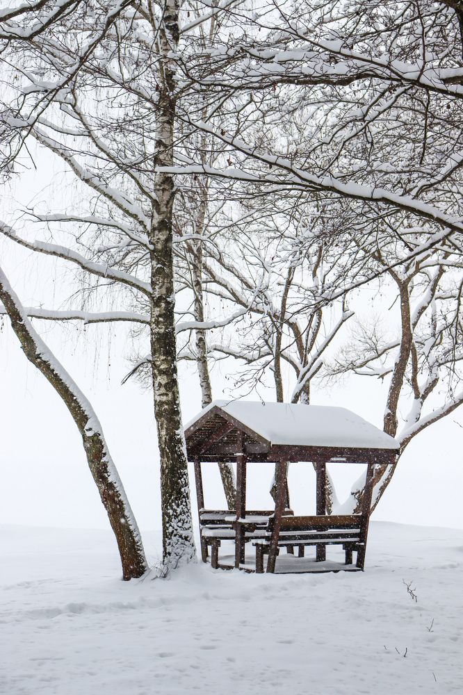 Заснеженная беседка возле озера.
