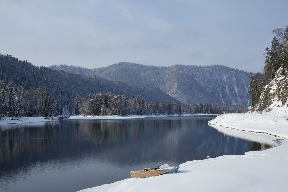 Безмятежная зимняя красота на берегу реки Бия в горном Алтае.