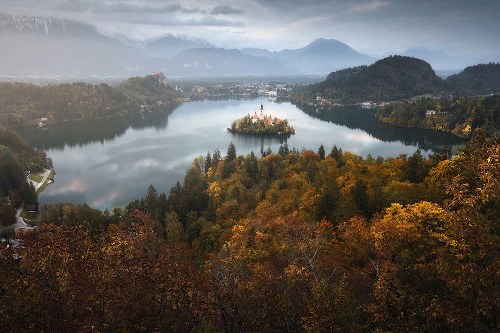 Mist sunrise above the Bled Lake