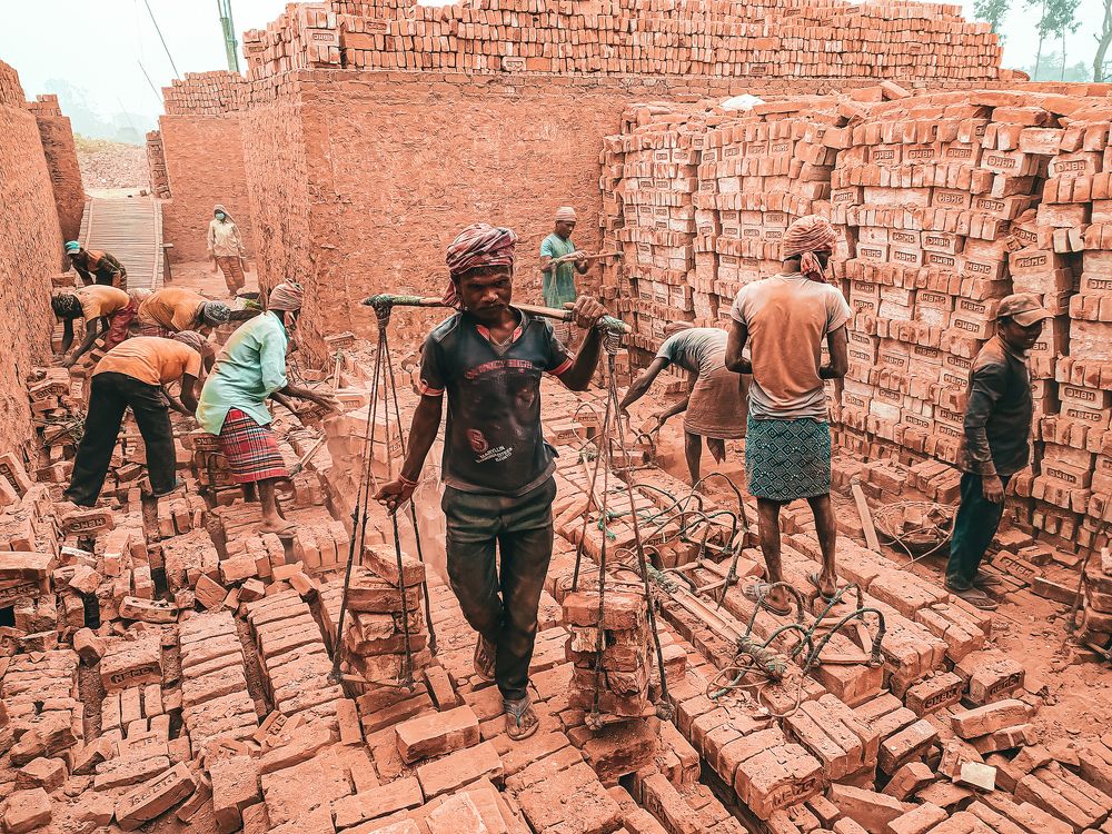 a busy  brick field