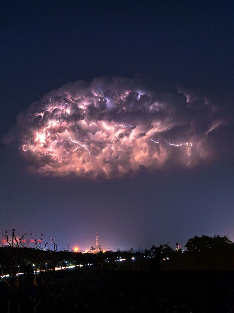 The night sky during thunderstorm.