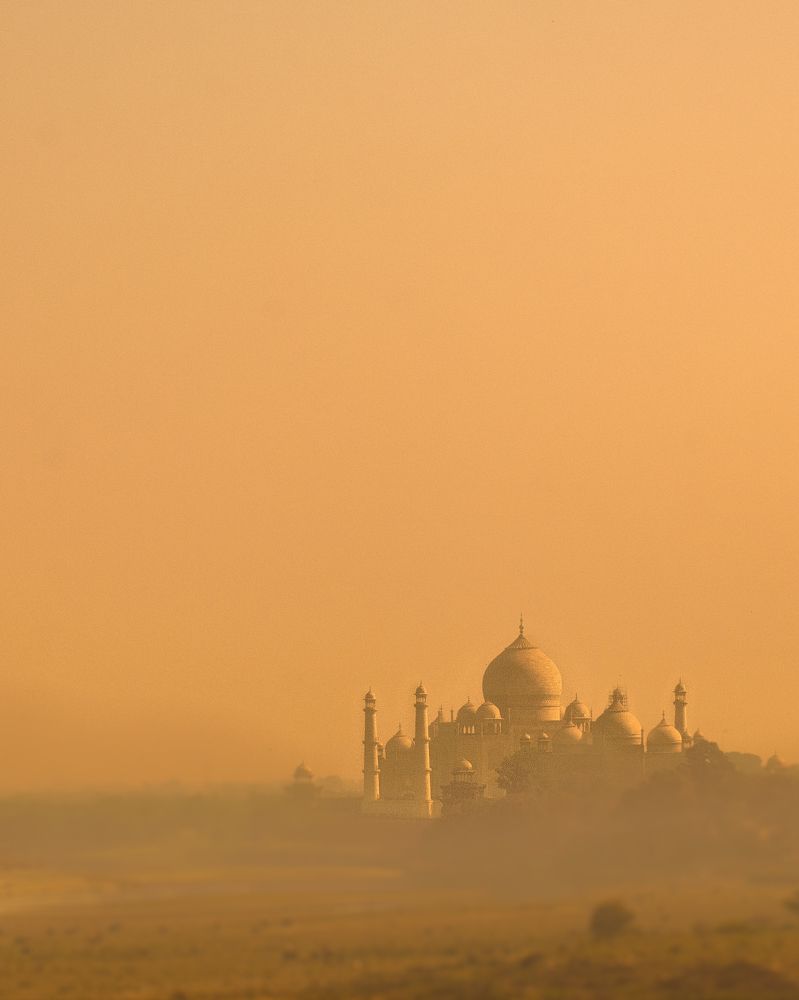 Taj Mahal on a dusty evening.