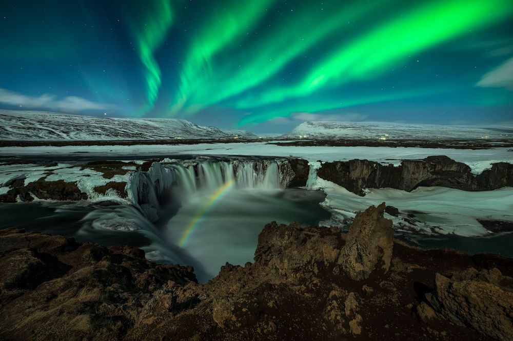 Moonbow over Goðafoss Waterfall