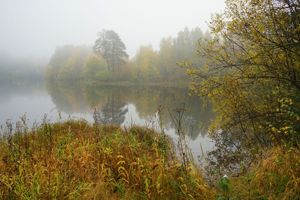 Утренний туман на озере в Карелии.