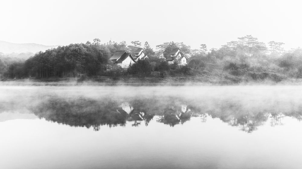 Houses in the morning mist