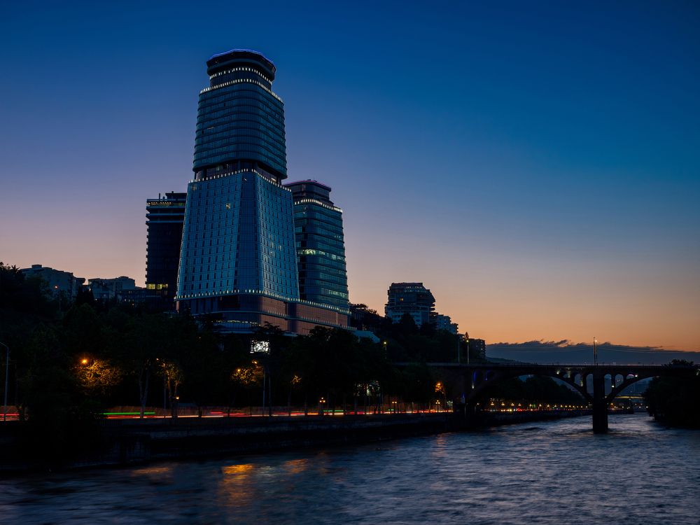Two towers at sunset lights