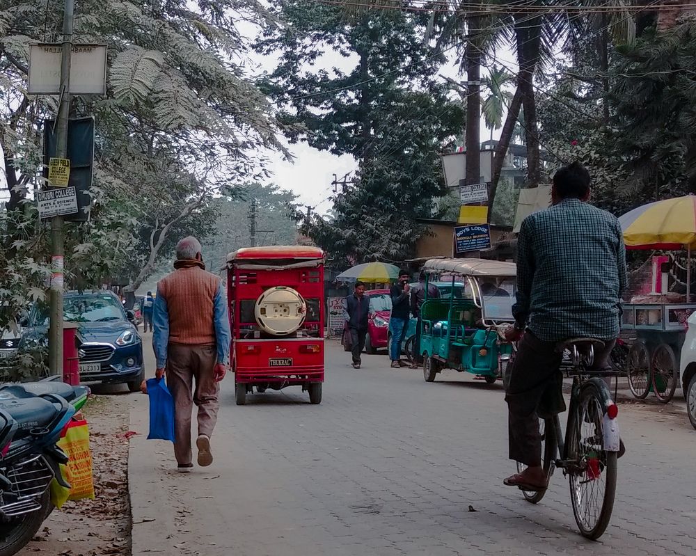 Walking on the road.