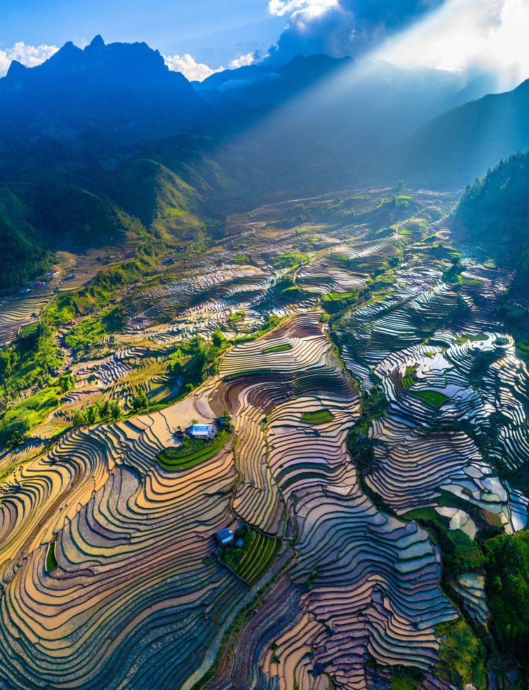 The water season pours on the terraced fields in the highlands of Vietnam