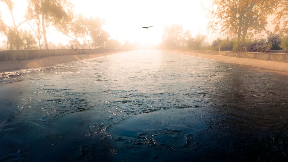 A artistic view of a kite emerging from Haze over river