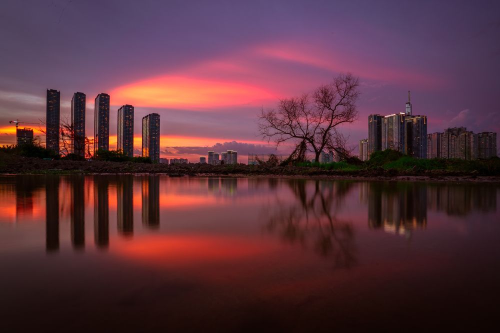 City sad in the sunset