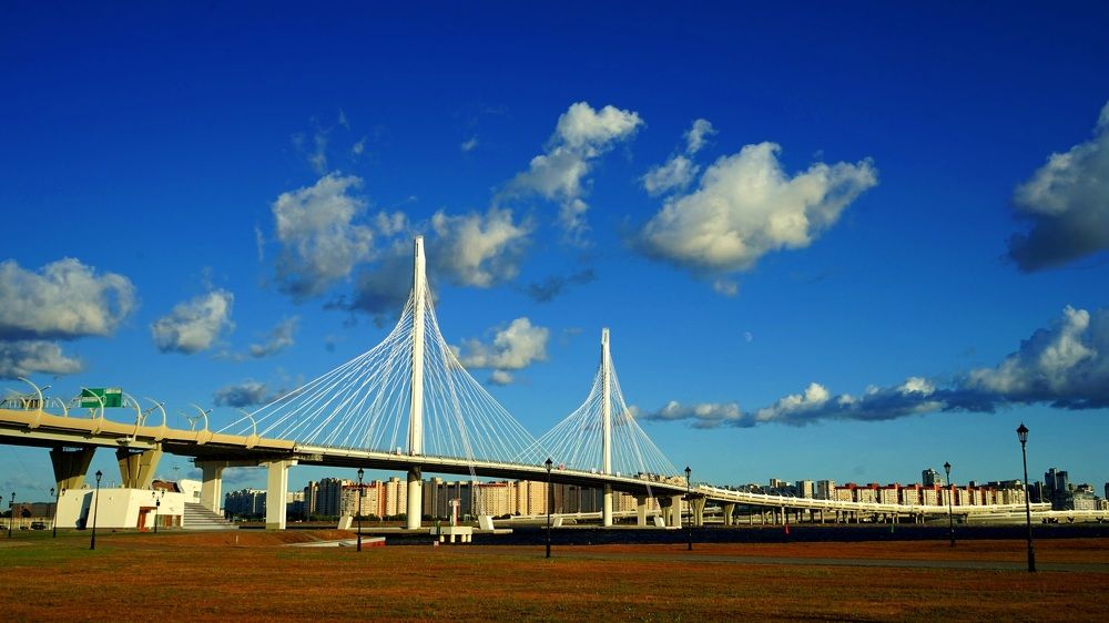 The Openwork of the western high-speed diameter over the Vasilievsky Island of St. Petersburg