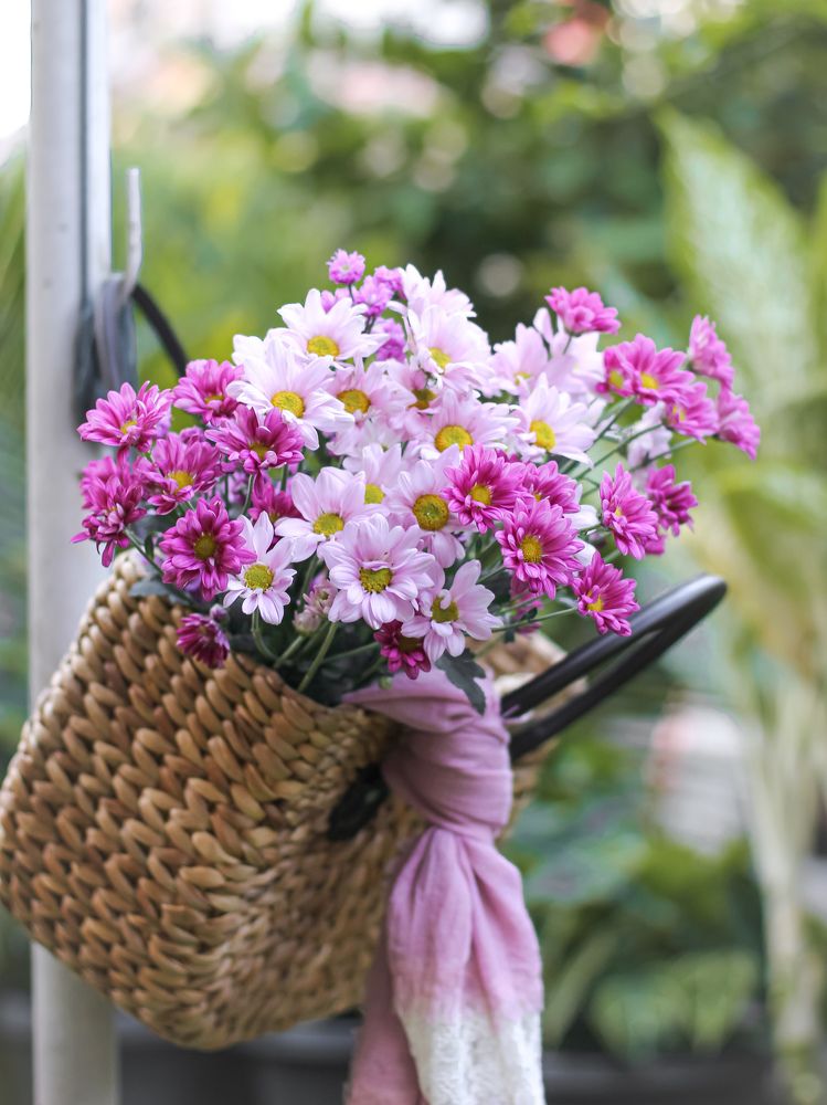 Pink Purple Flowers in a Basket