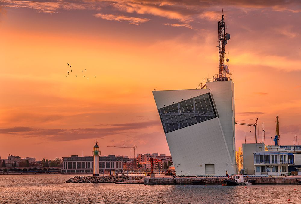 Sunset over the Harbour and the city of Burgas