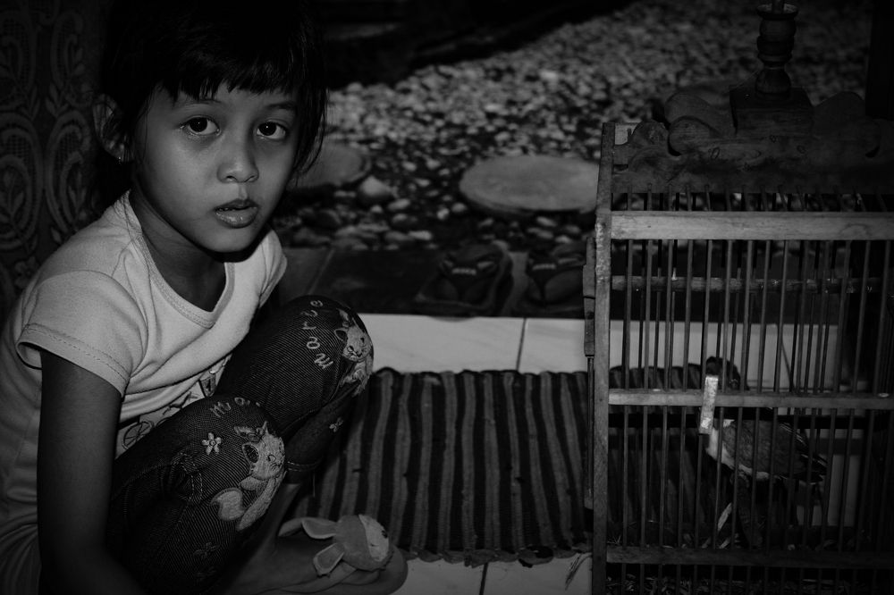 The little girl with little bird