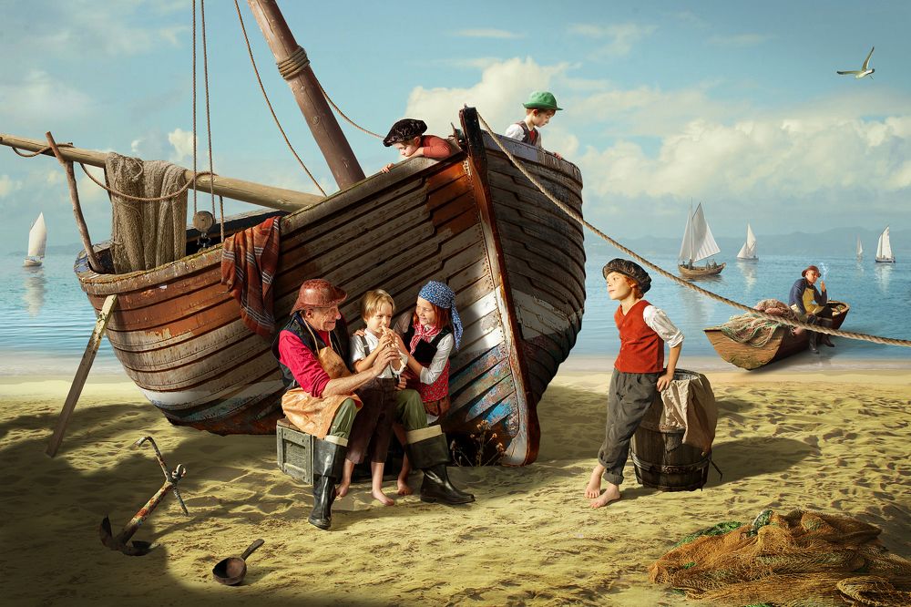 An old fisherman teaches a boy to play the flute