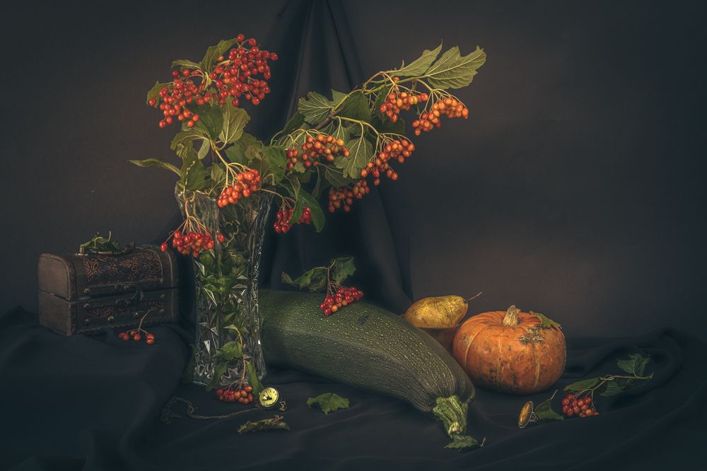 Still life with viburnum and zucchini