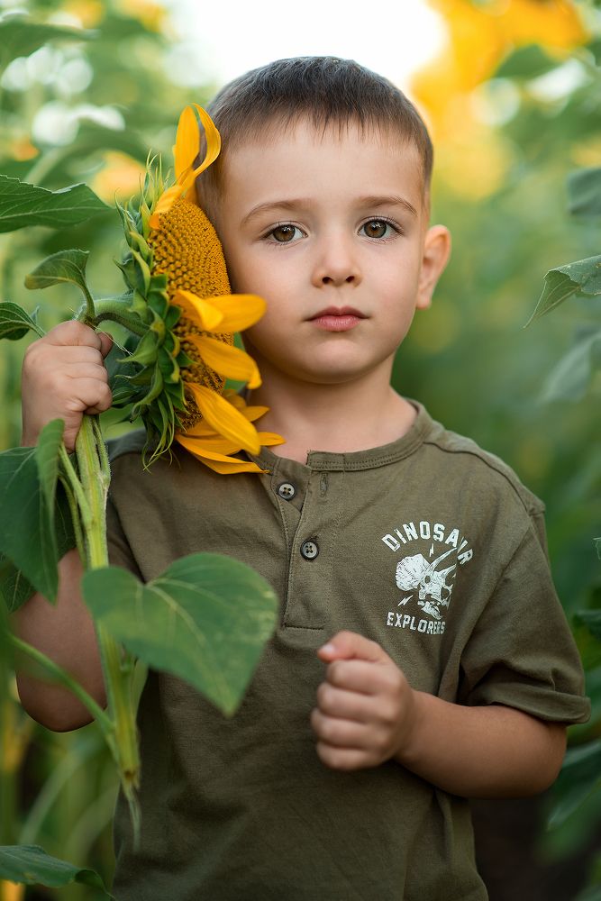 Sun flower and my son.