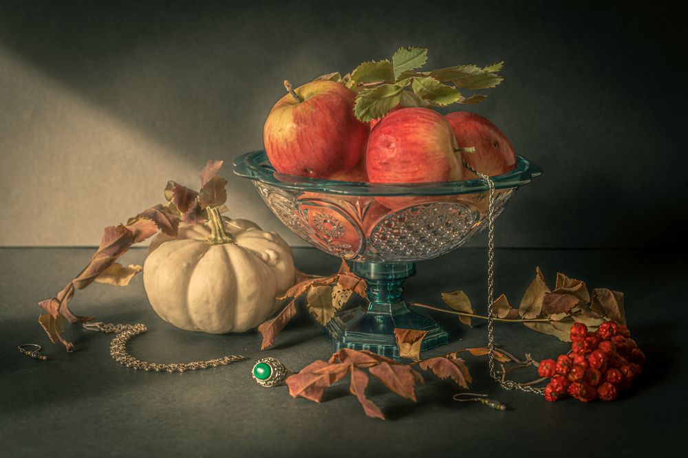 Still life with rowan, pumpkin and apples