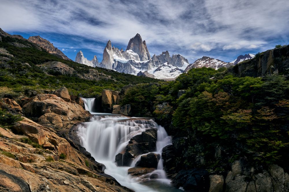 waterfall and fitz roy