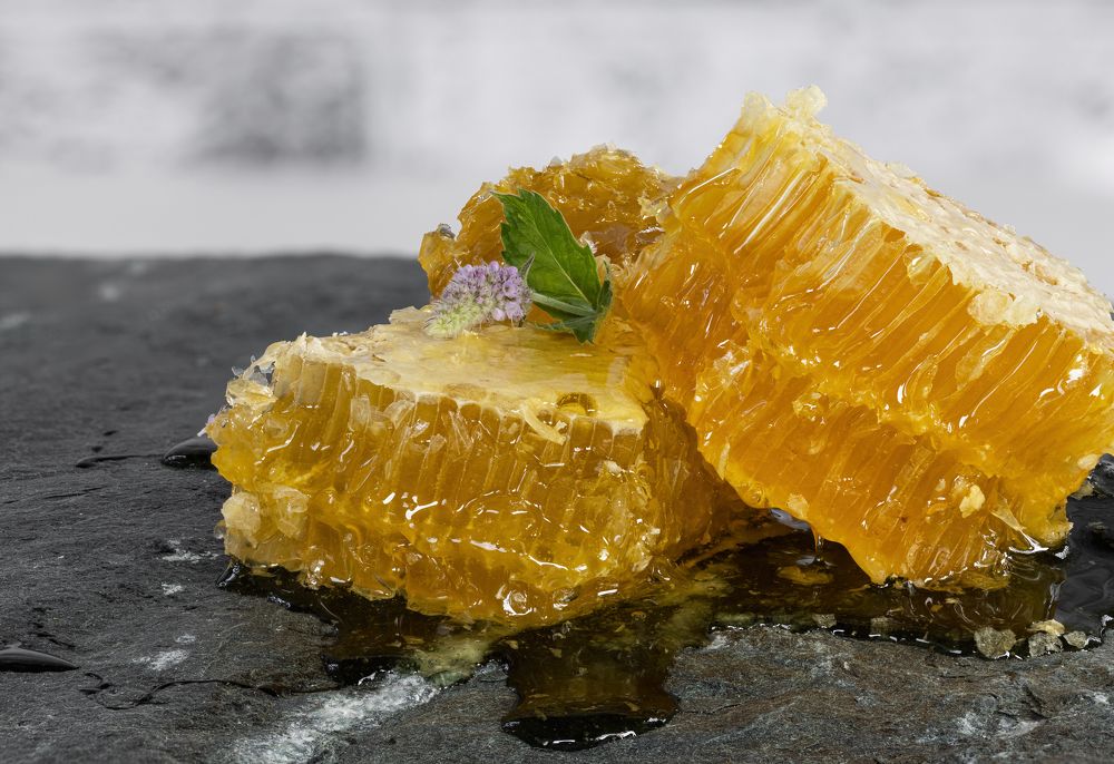 Honey combs cut into pieces with a lilac mint flower