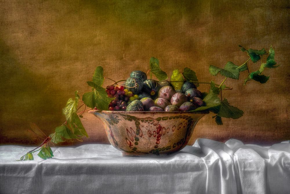Still Life with Figs, Grapes and Dragonfly.