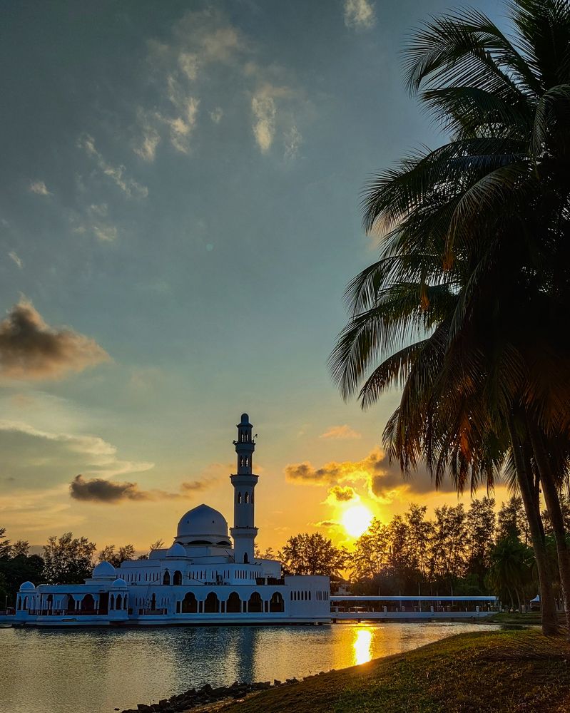 Red sunset at floating mosque