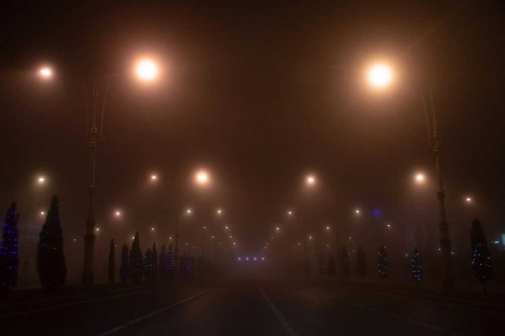 fog on the night streets of Ashgabat