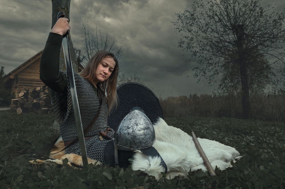 Woman warrior after a battle