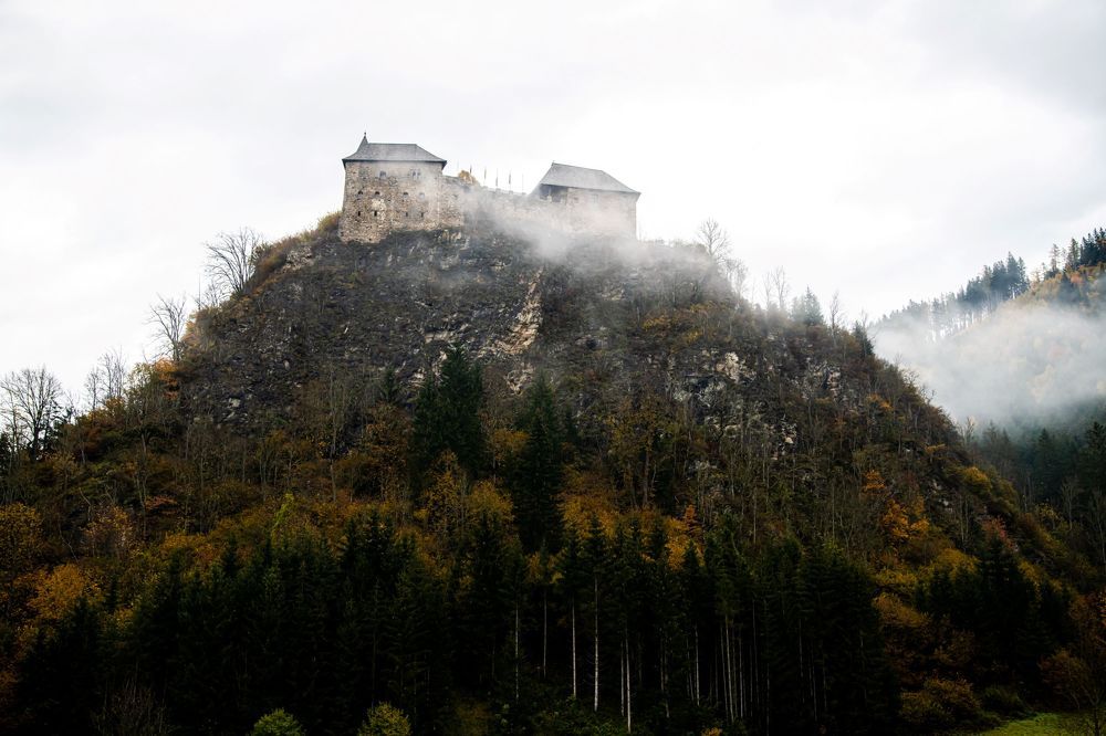 old castle on a foggy day
