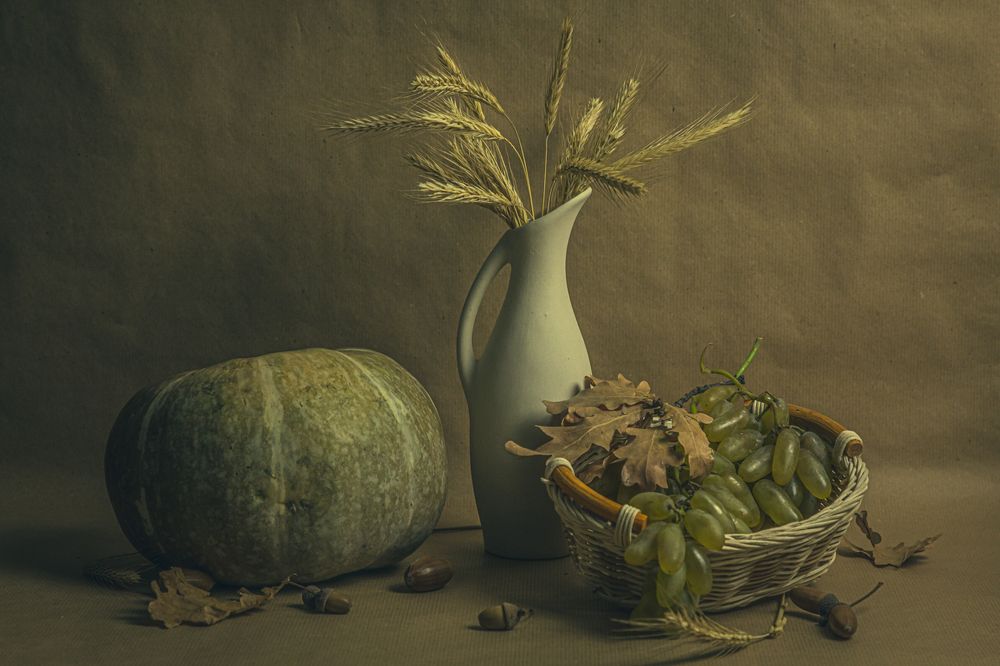 Autumn still life with pumpkin and grapes