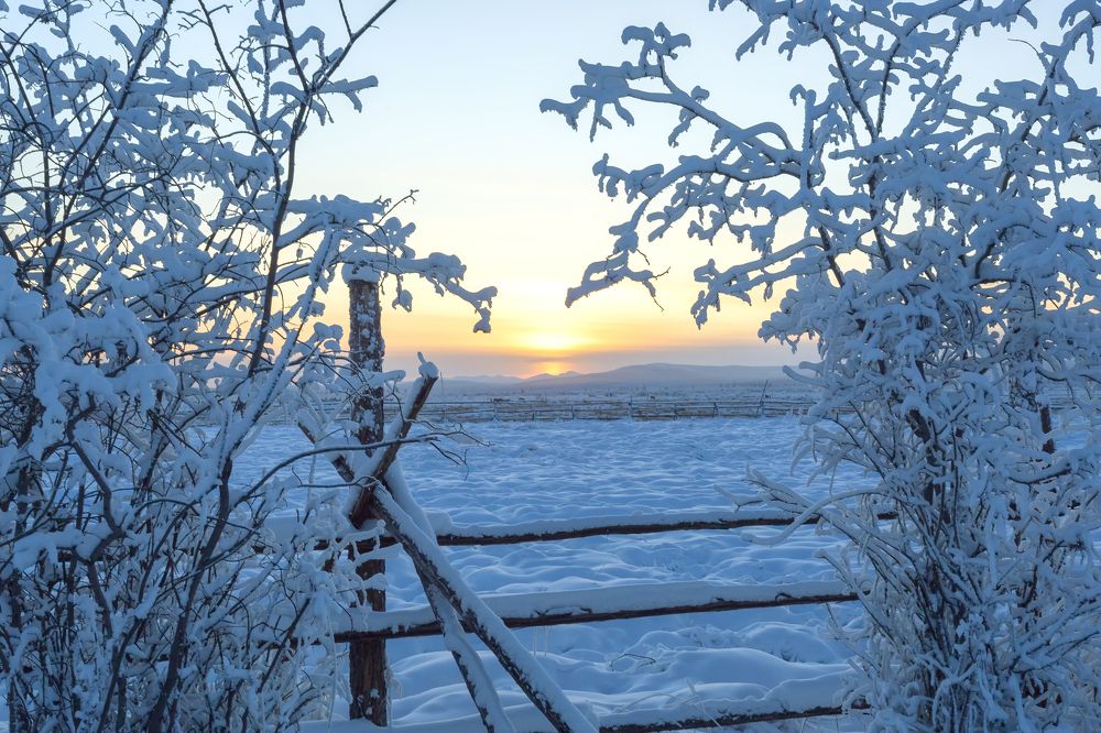 Декабрьскй восход солнце На полюсе Холода,в Оймяконе.