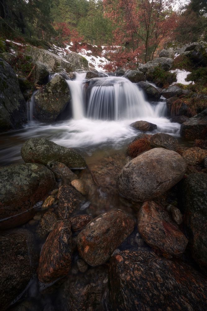 Snow, Crimson Leaves and Waterfalls