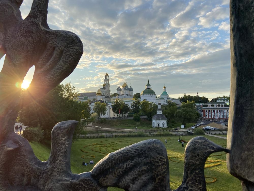 Metal pigeons at golden hour.