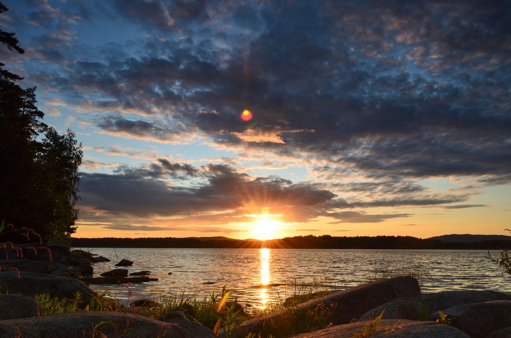 summer, lake, sunset