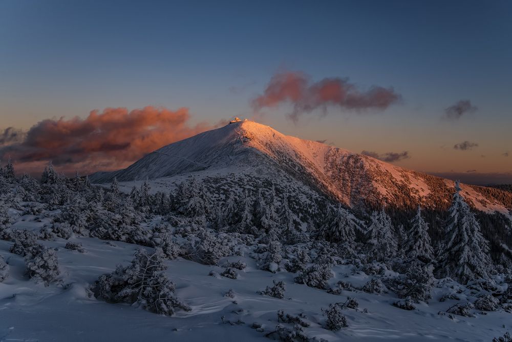 Mount Sněžka at sunset.